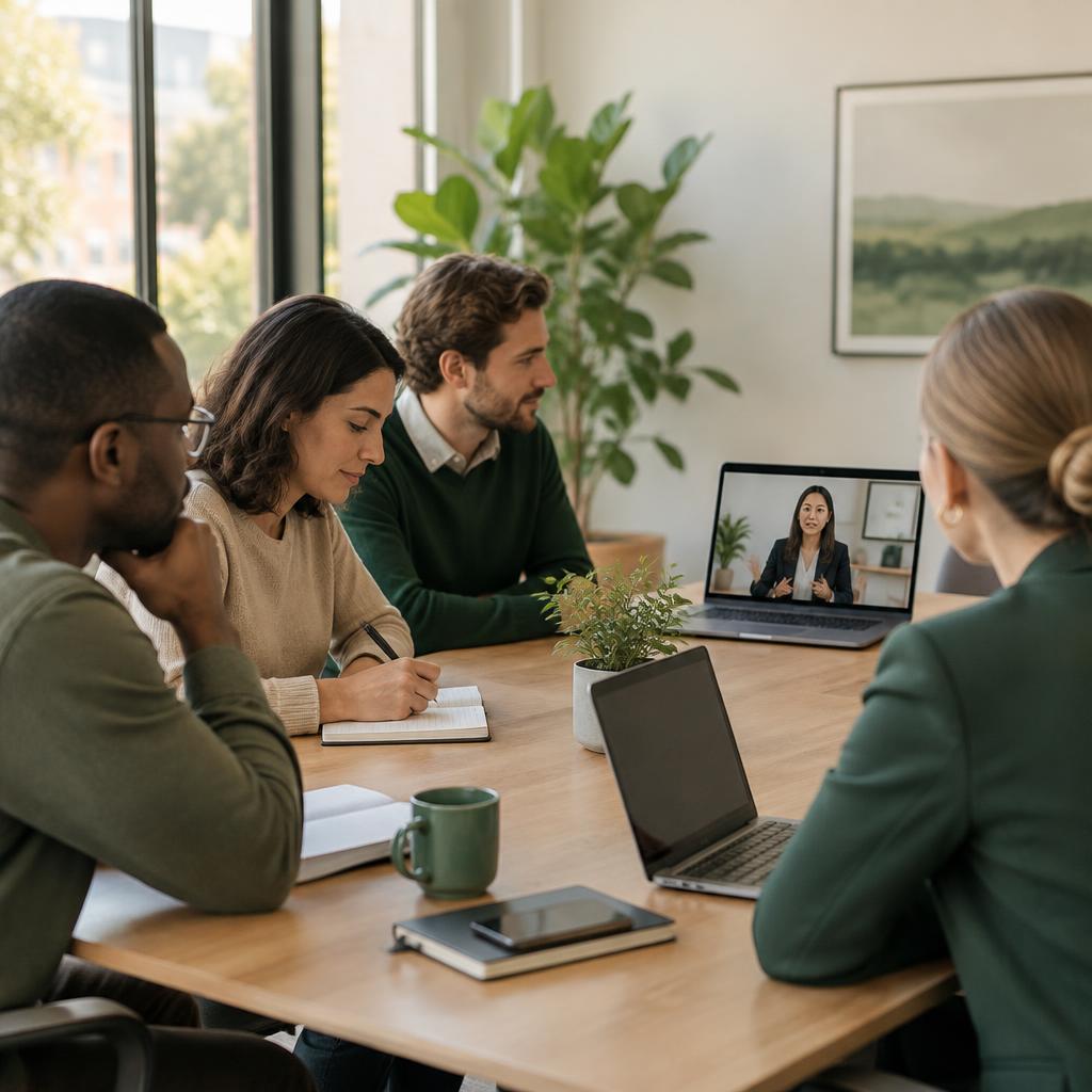 People learning during an online webinar on laptops