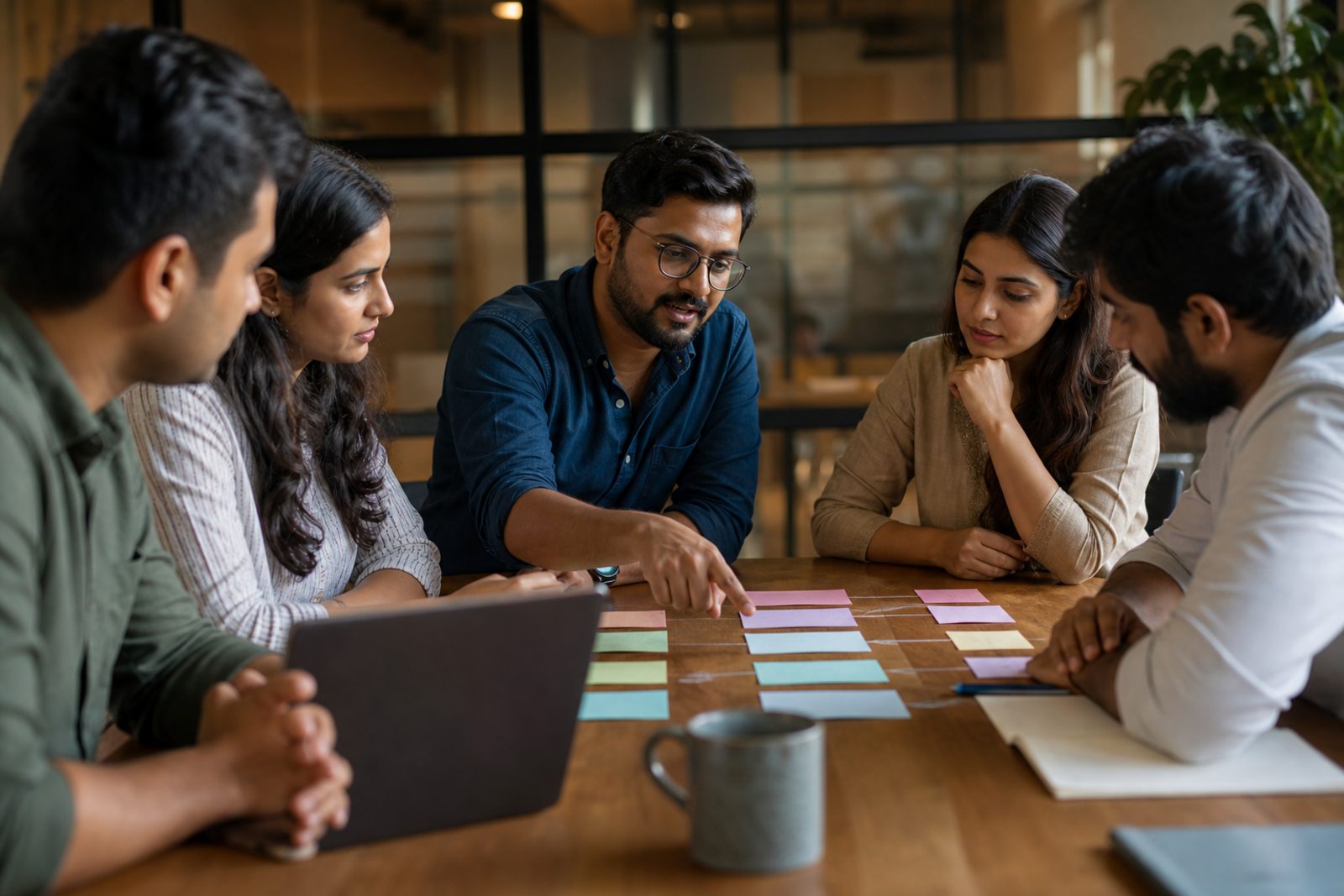 A marketing manager and operations lead trace a consent workflow across colored cards at an office table.