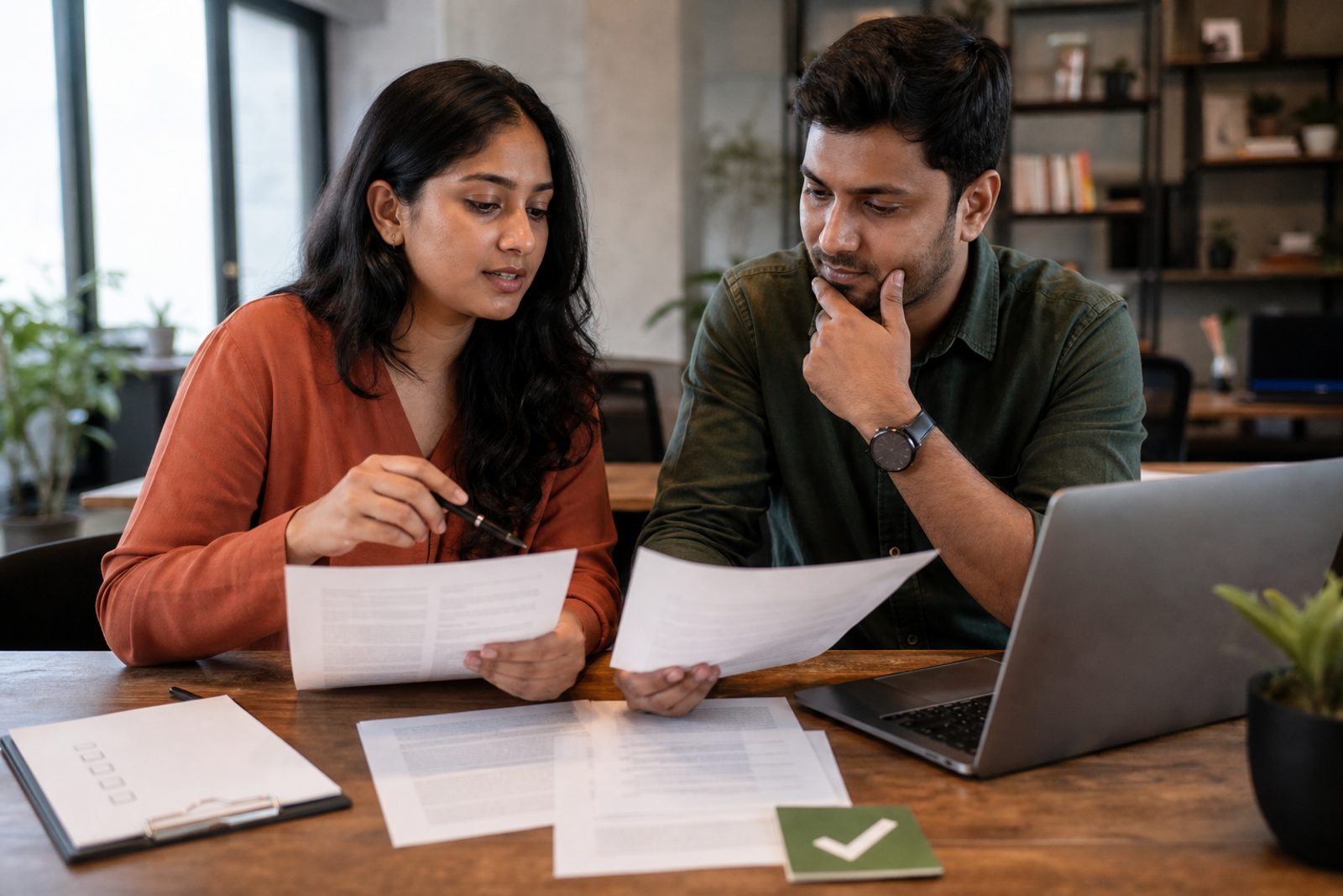 A content manager and support lead compare printed draft pages with a blank checklist beside a laptop in a shared office.