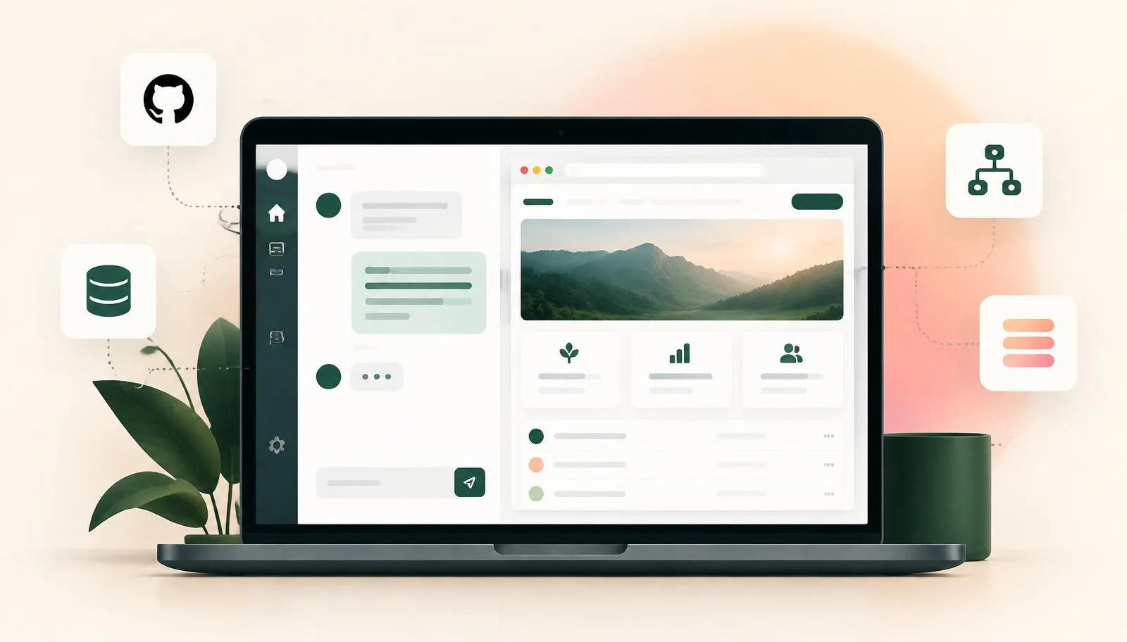 Laptop showing an AI app builder with a chat panel and a live app preview, surrounded by GitHub, database and workflow icons