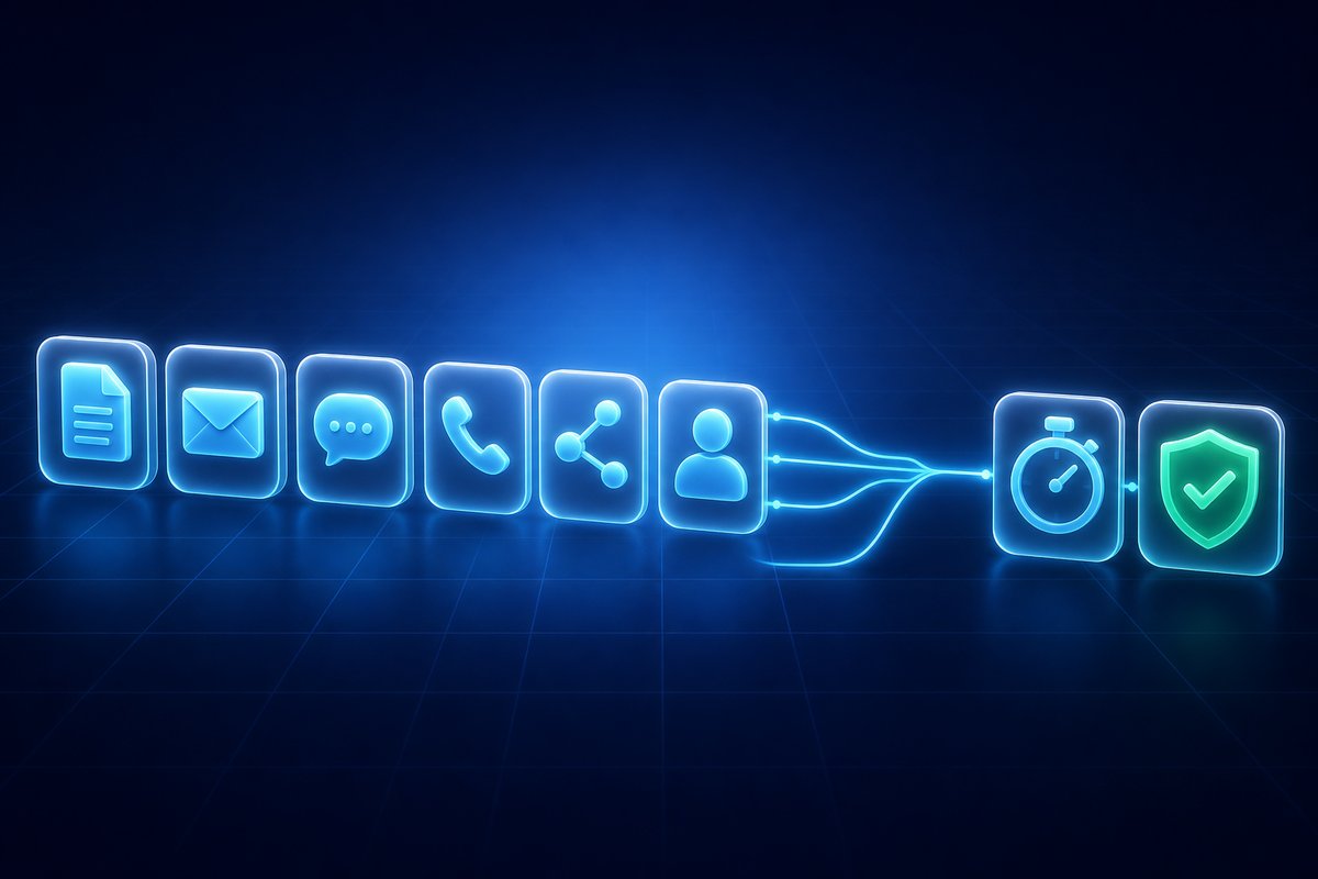A left-to-right chain shows form, email, WhatsApp, phone, routing, ownership and a timed checked response.